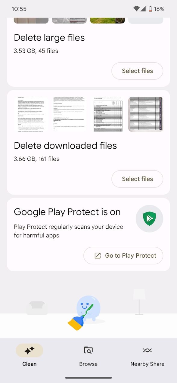 google files app showing clean up options