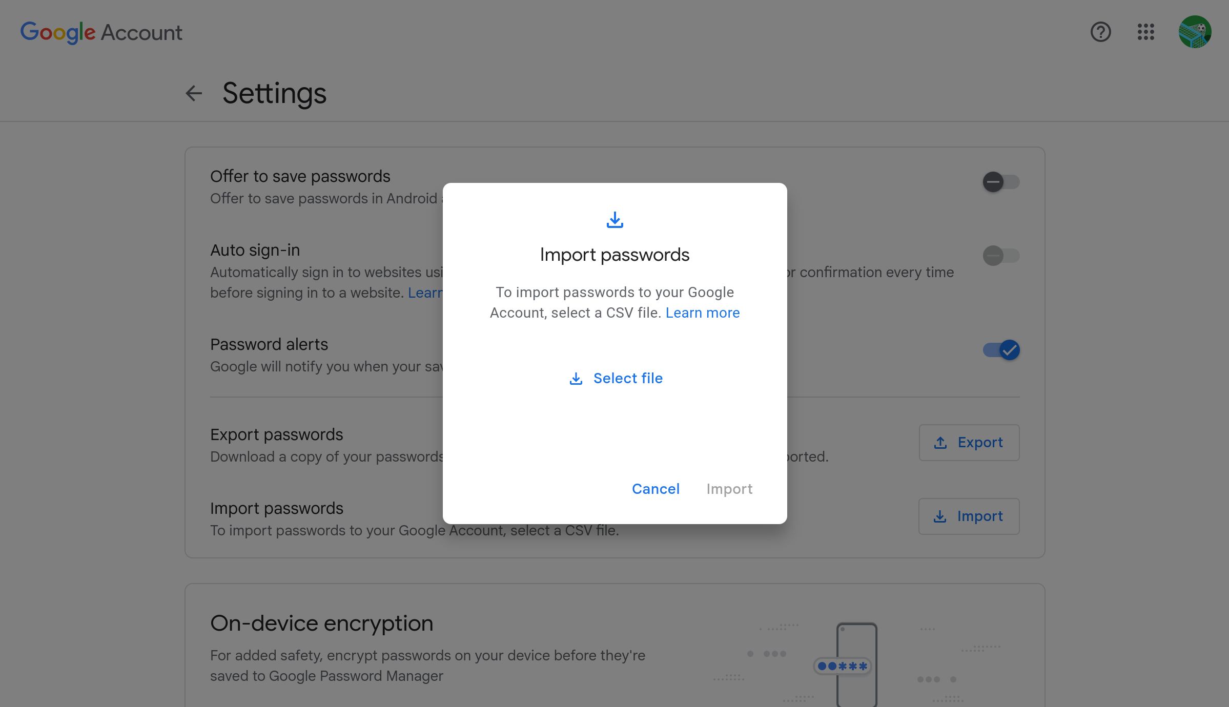 The import passwords dialog box on the Google Password Supervisor web web page