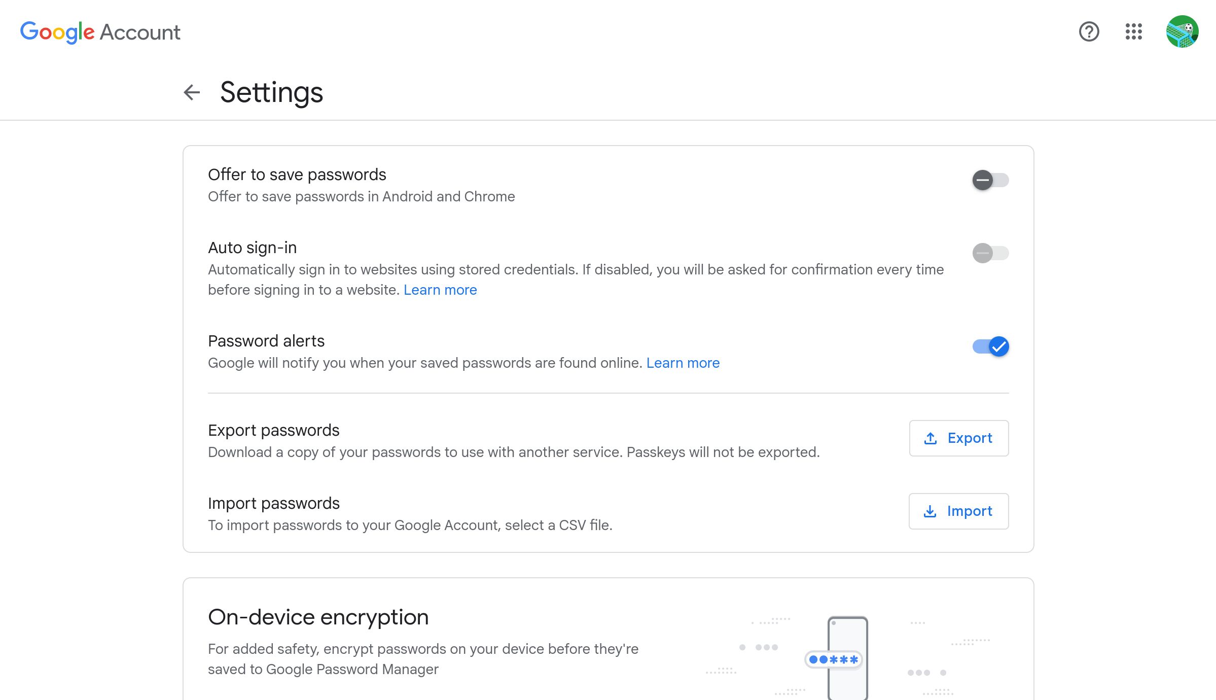 The settings web page for the Google Password Supervisor web web page