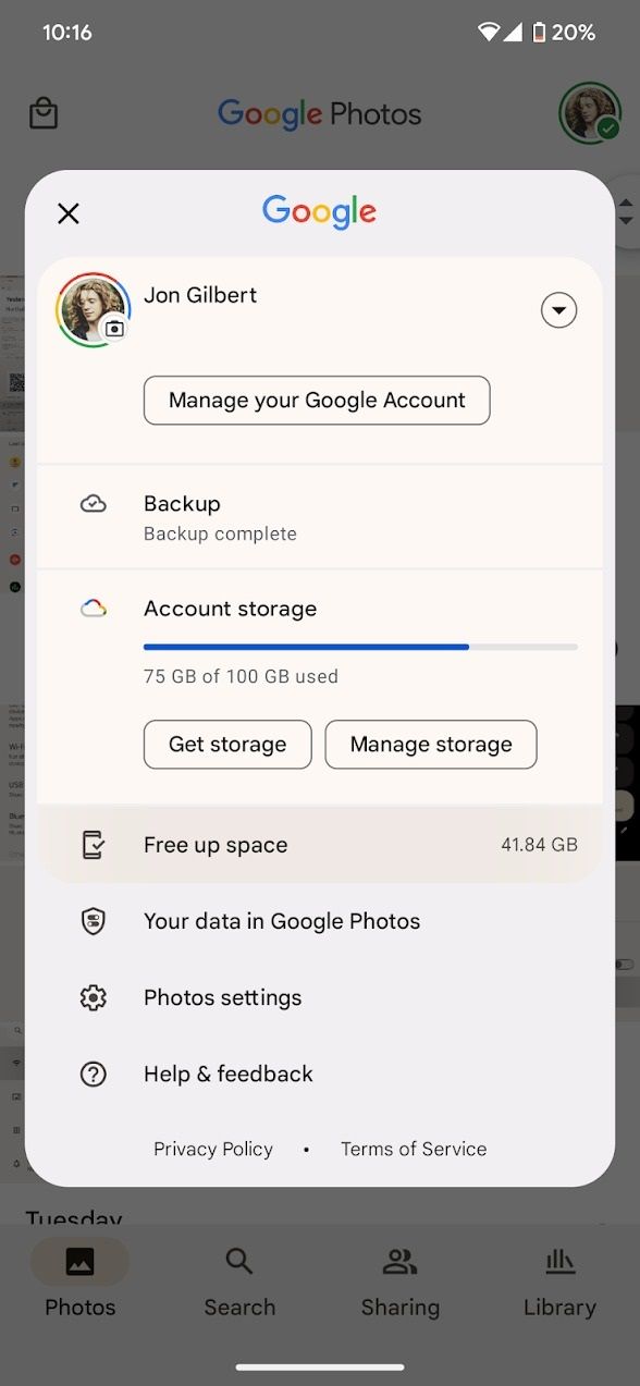 google photos app showing options menu