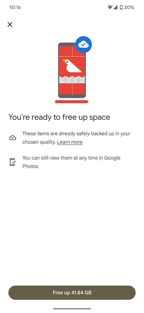google photos app showing free up space option