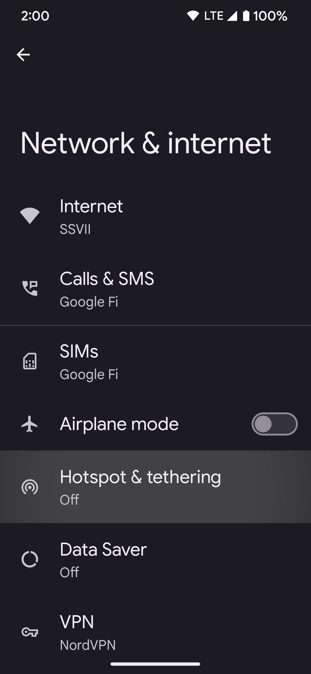 Selecting the Hotspot & tethering section on a Google Pixel phone.