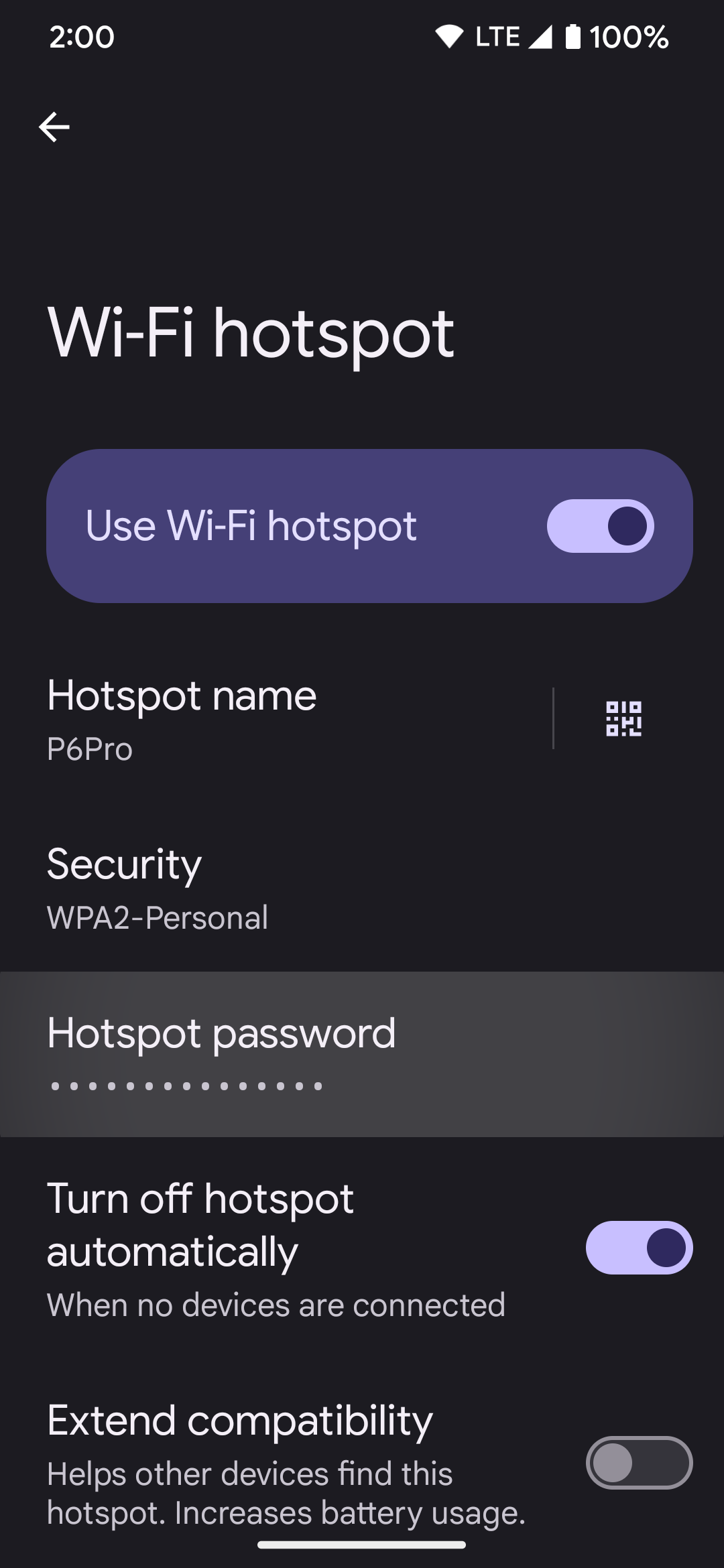 Selecting the Hotspot password section on a Google Pixel phone.