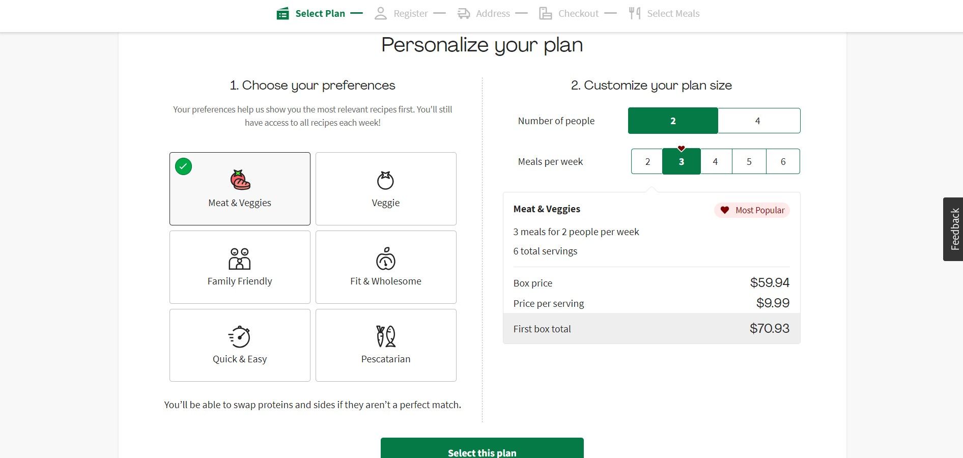 HelloFresh setup page