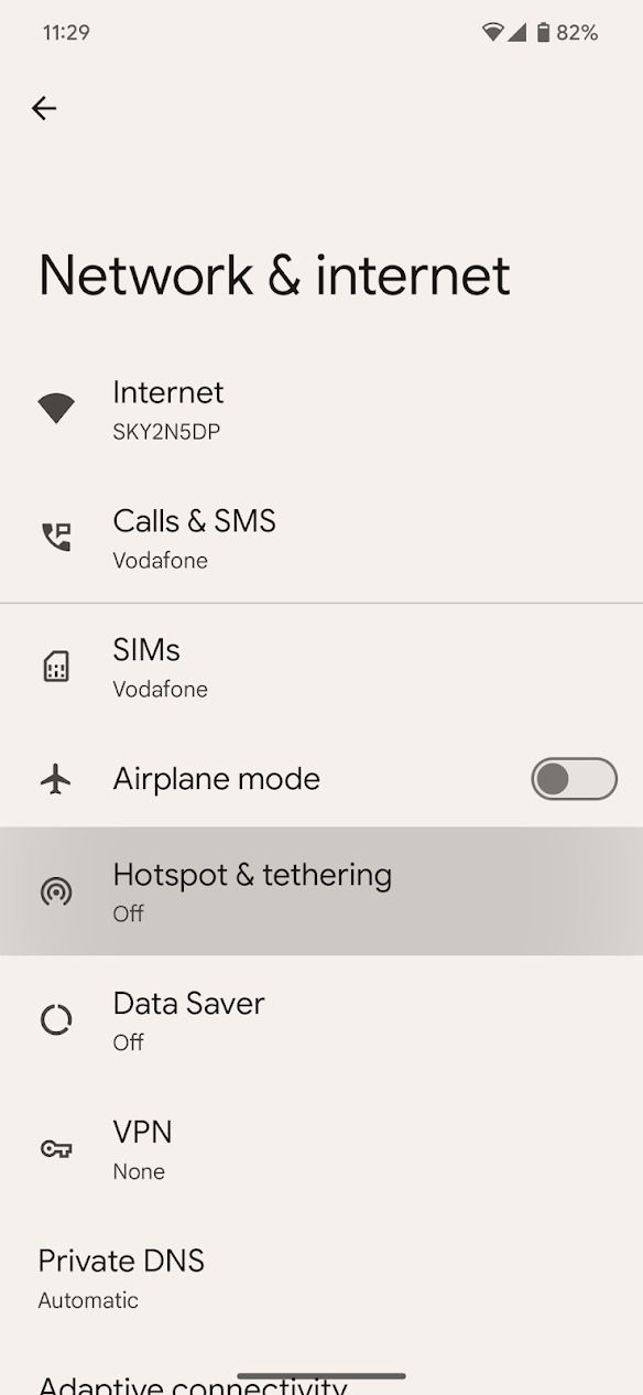 Android phone's network and internet settings