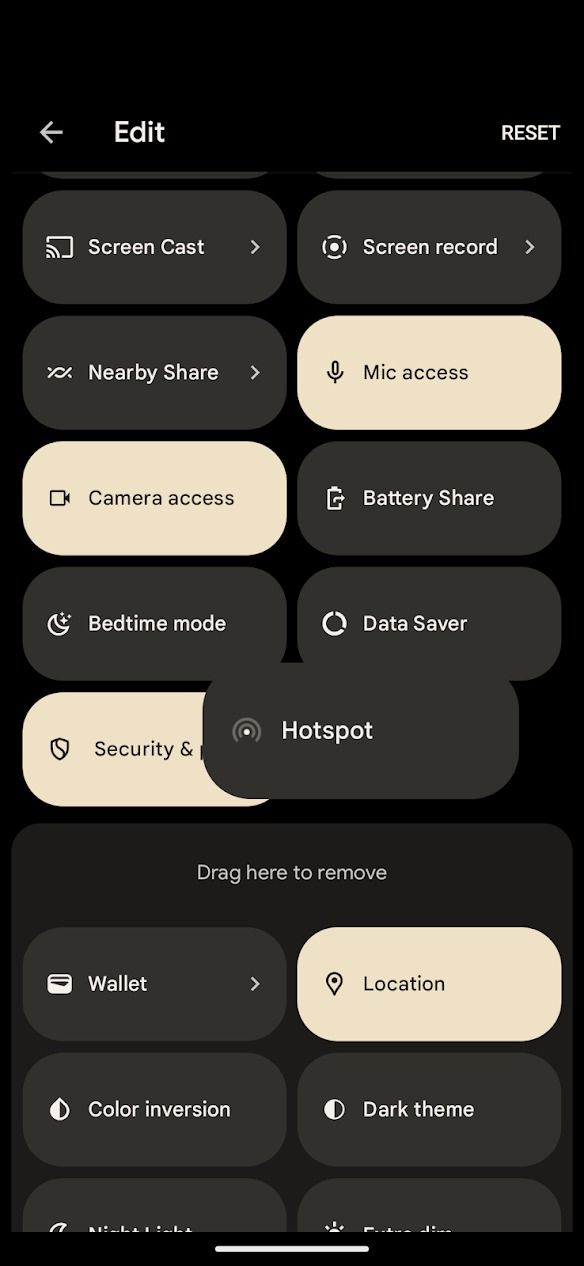 Android phone's quick settings edit screen