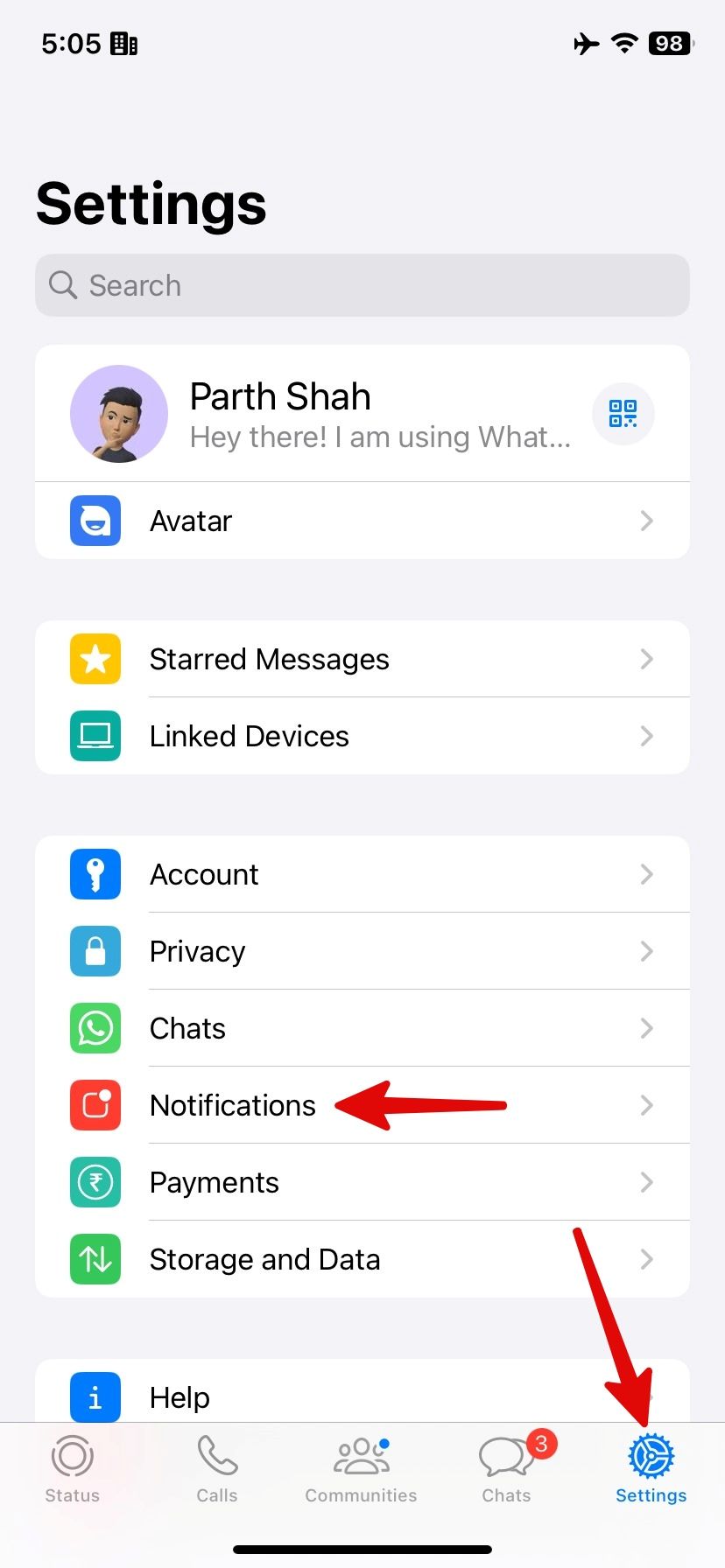 WhatsApp settings on iPhone