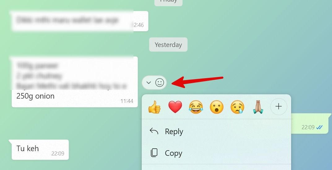 WhatsApp message reaction on the desktop