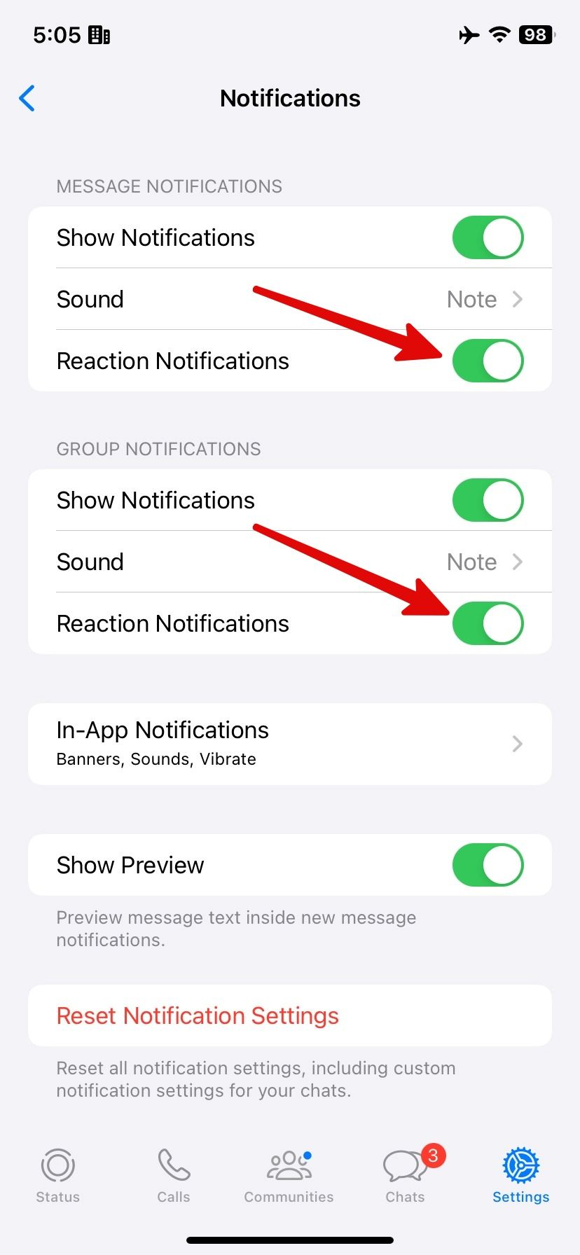 disable message reaction on WhatsApp for iPhone
