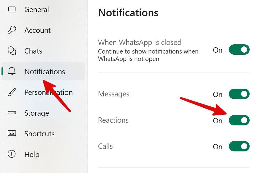 disable whatsapp reactions notifications on the desktop