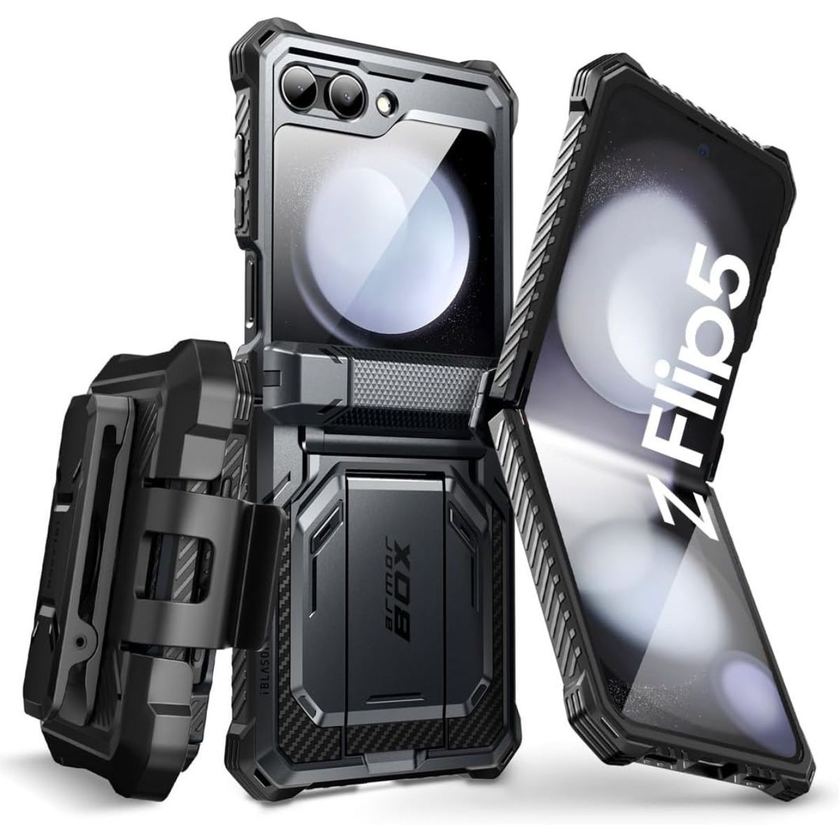 i-Blason Armorbox for Galaxy Z Flip, front, back, and folded views