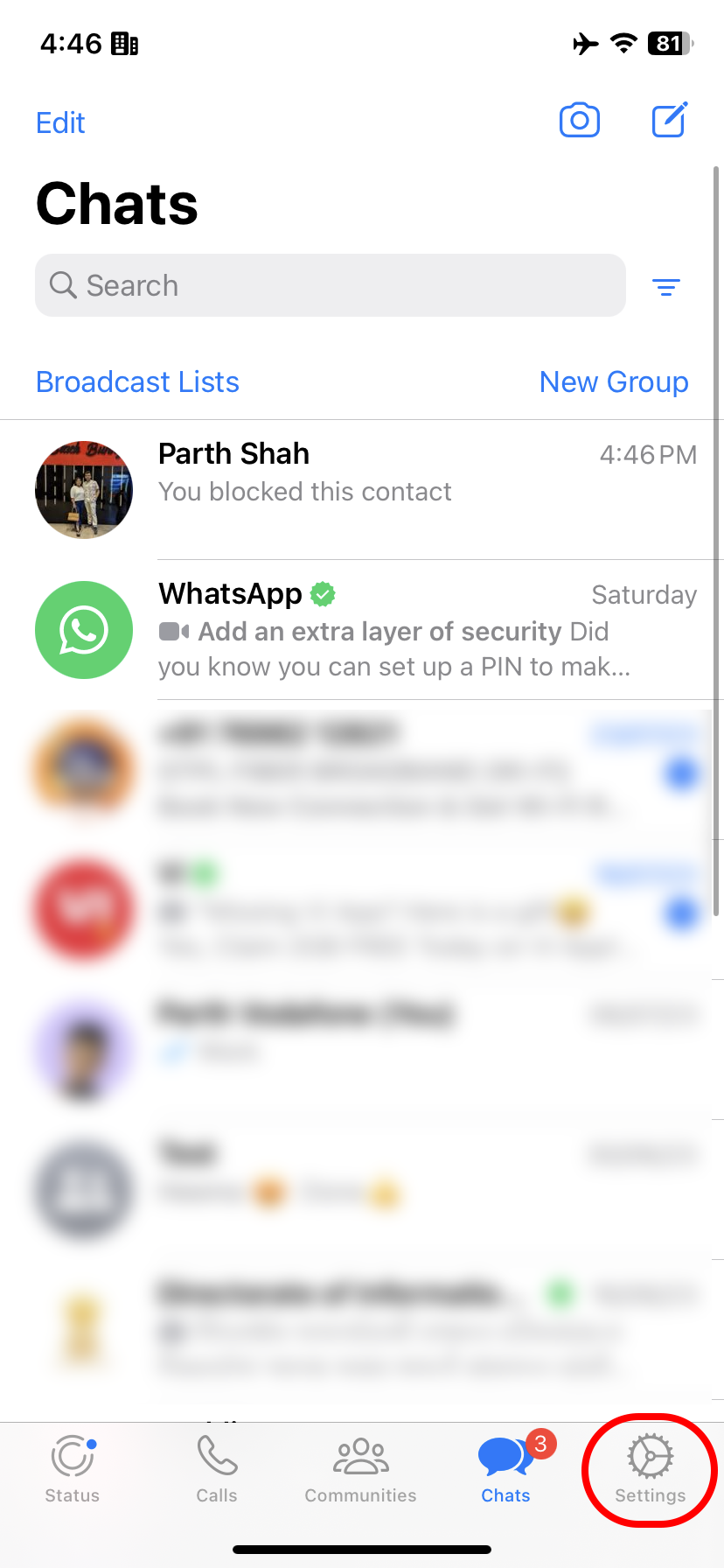 Opening WhatsApp settings on iOS