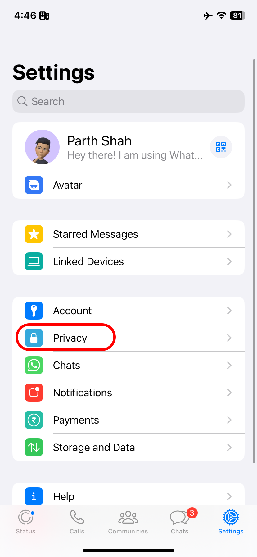 Accessing WhatsApp privacy settings