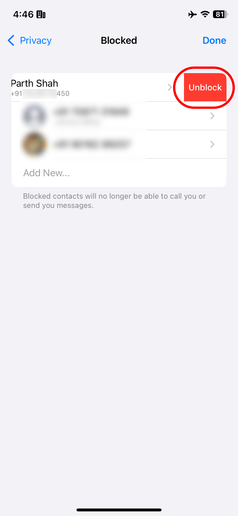 Accessing blocked contacts on WhatsApp for iOS