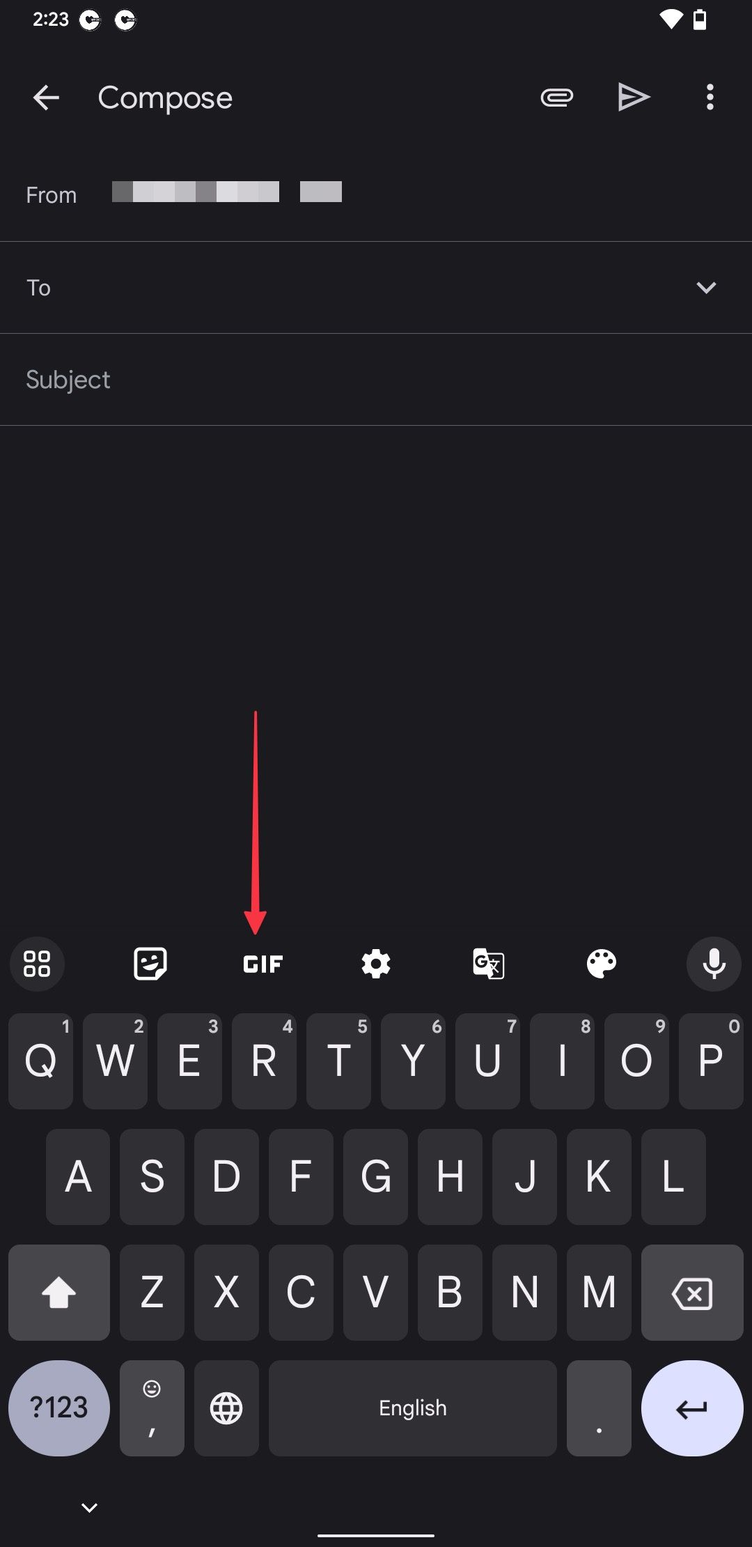 Gboard app showing GIF button in Gmail