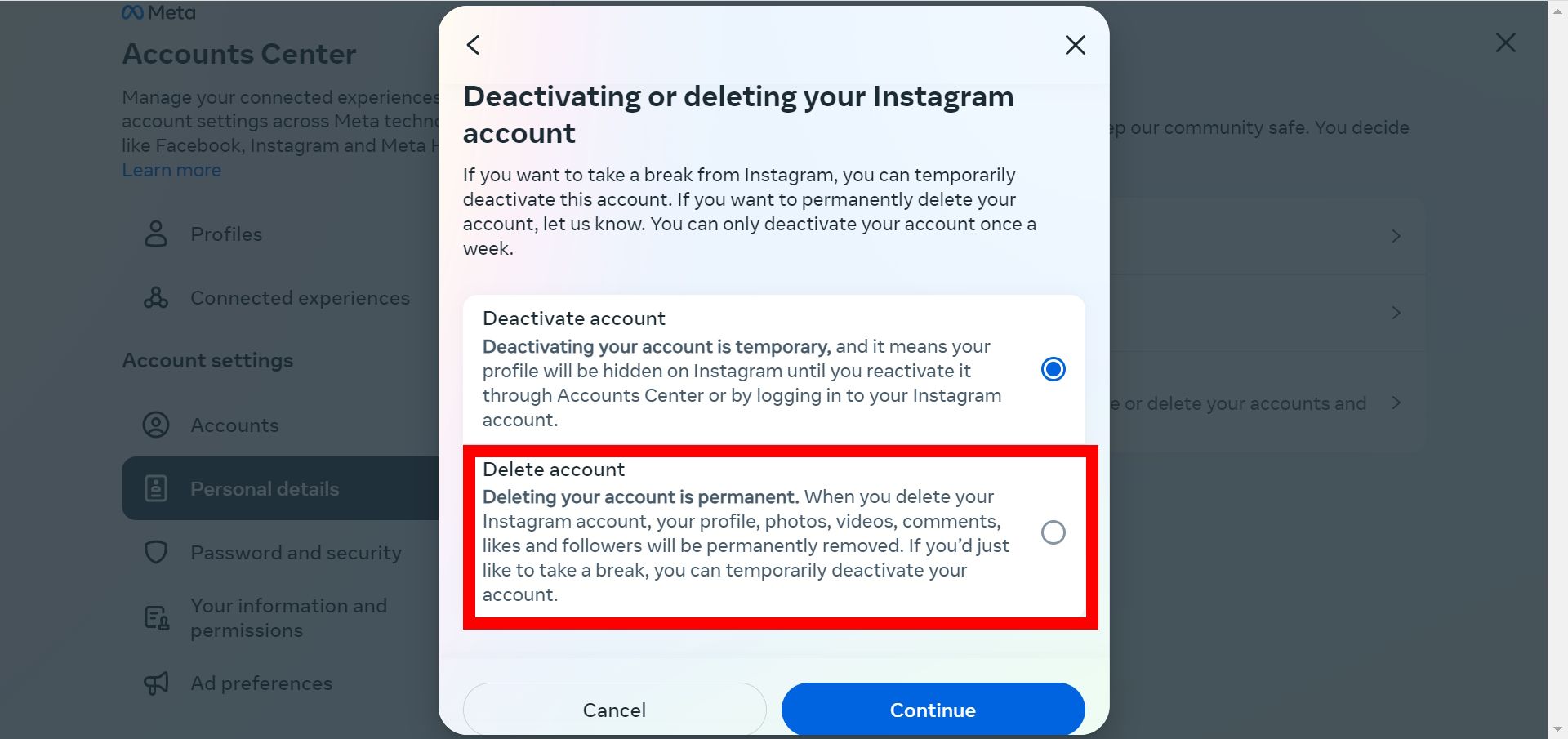 Red rectangle outline over delete fable option in Instagram