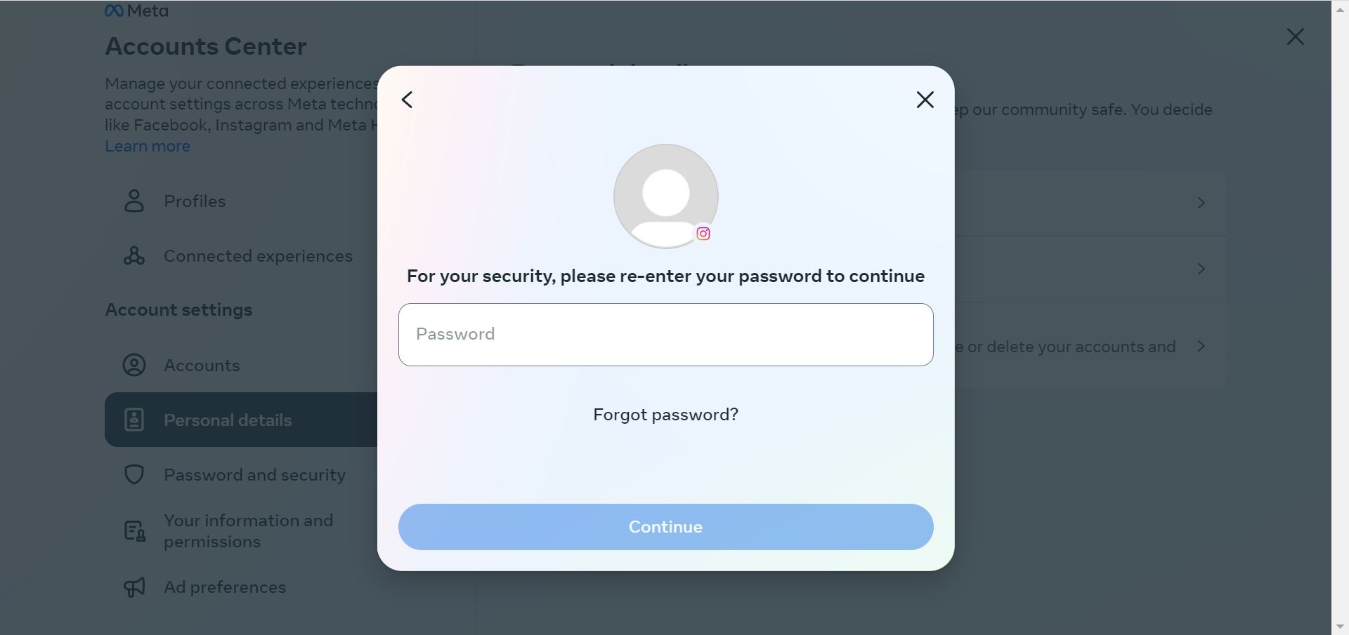 Displayed window of Instagram password self-discipline