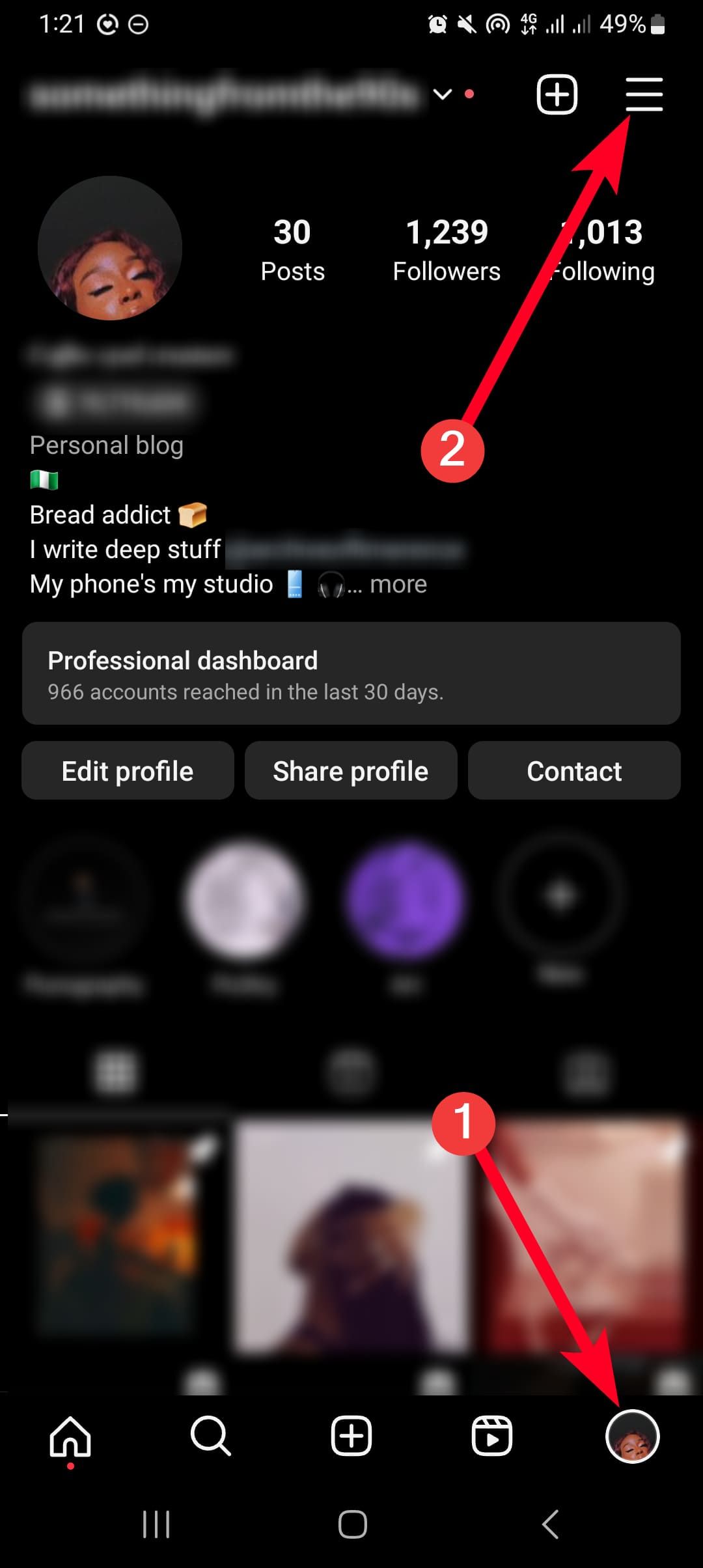 Instagram profile on the cell app