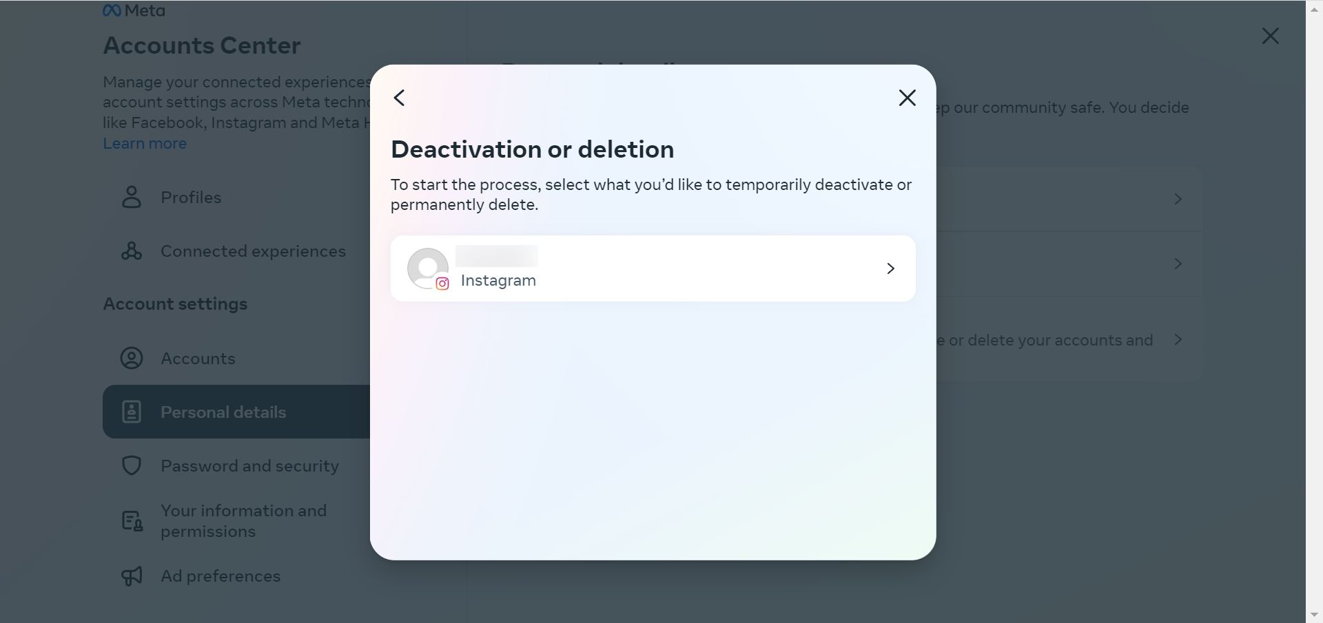 Instagram profile listing window for deactivation or deletion ask