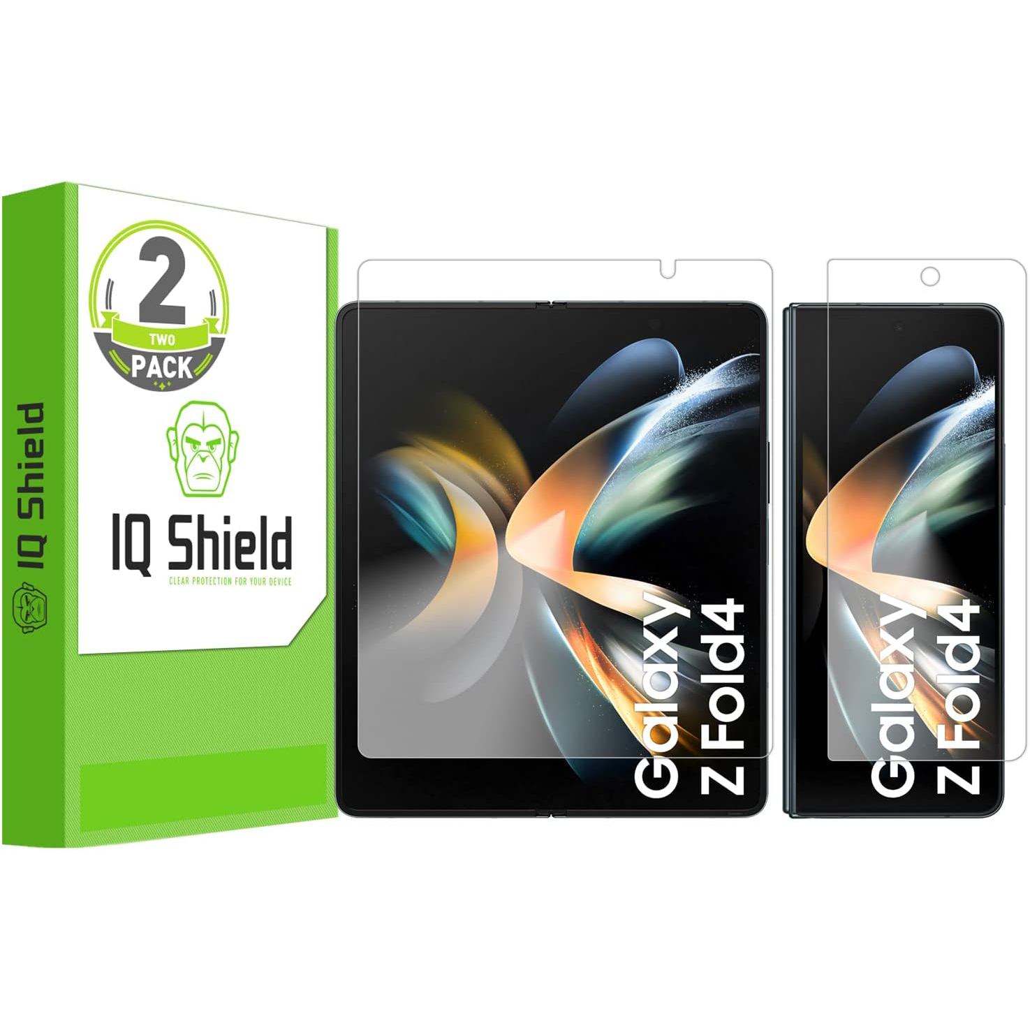 IQ Shield Z Fold 4, front views beside packaging