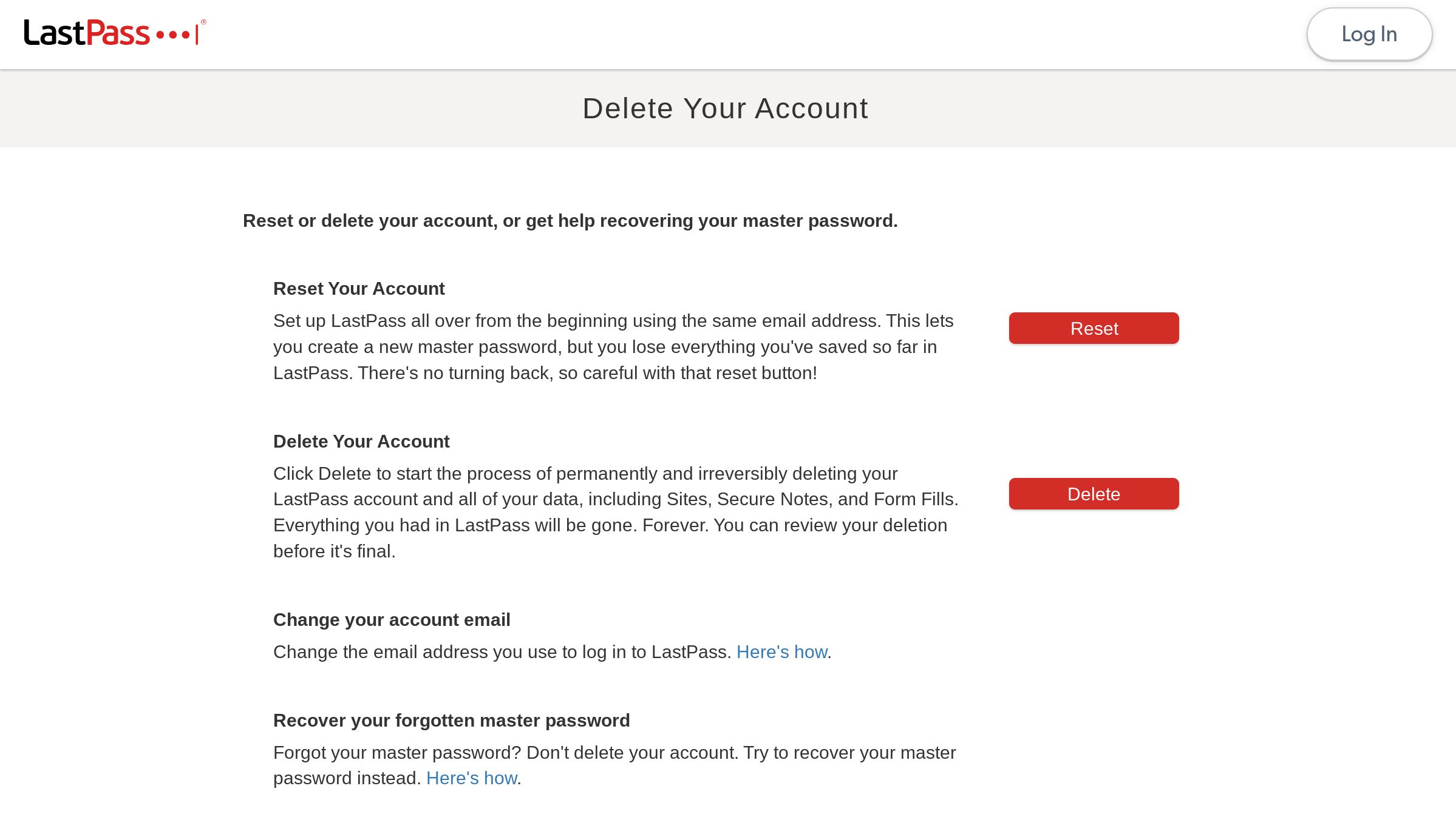 The Delete Your Fable web page on the LastPass web web page