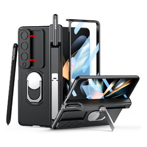 Libeagle Galaxy Z Fold 4 case exhibiting kickstand, S Pen holder, and show protector