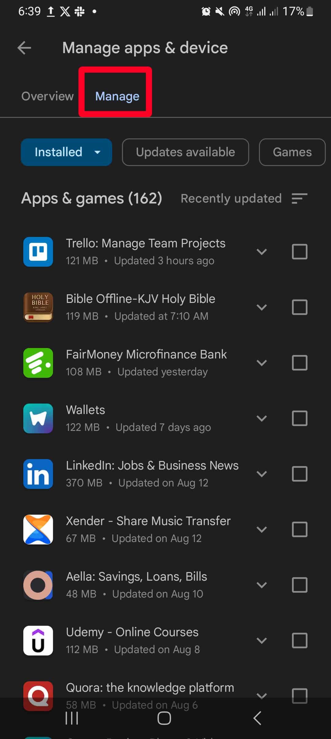 Manage apps and devices menu in Google Play Store.