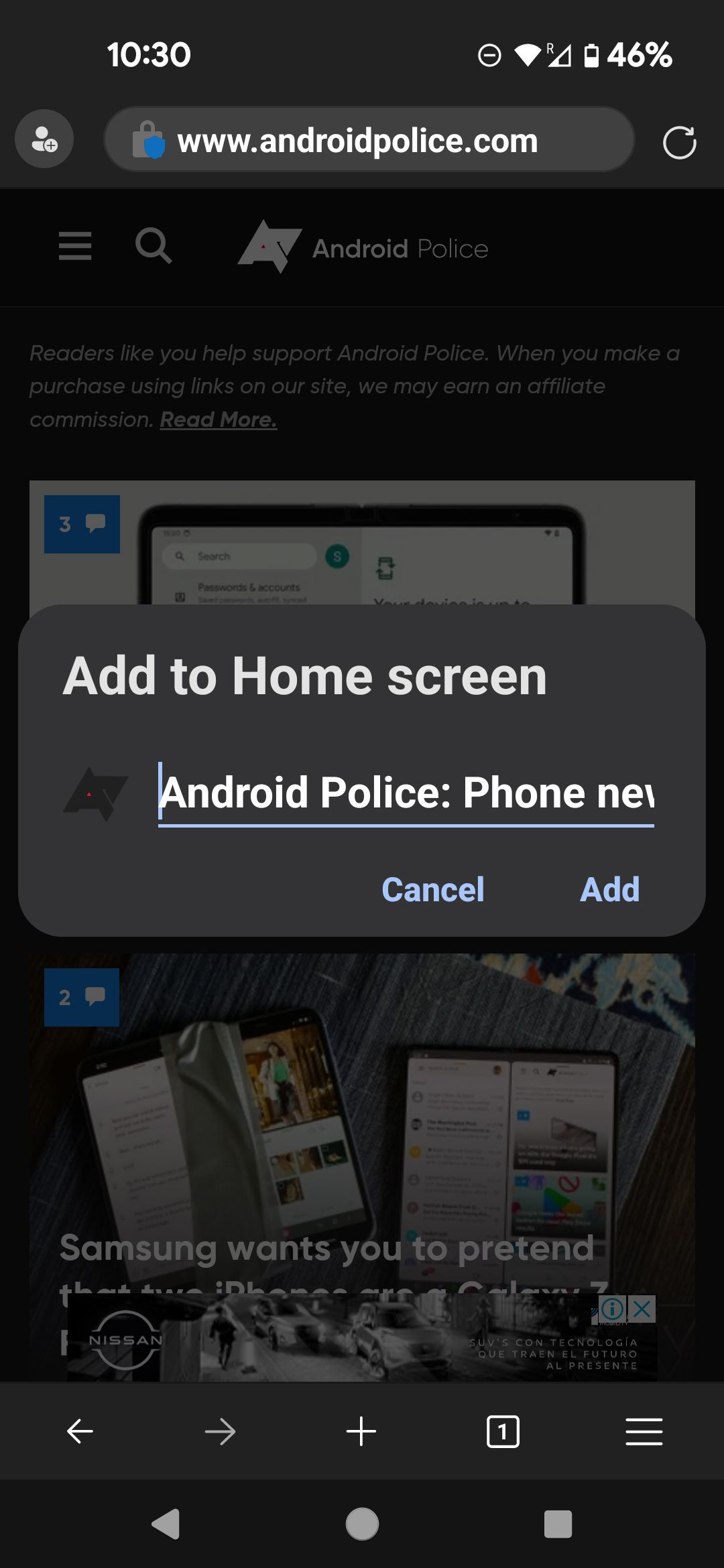 Microsoft Edge mobile Add to Home screen dialogue box