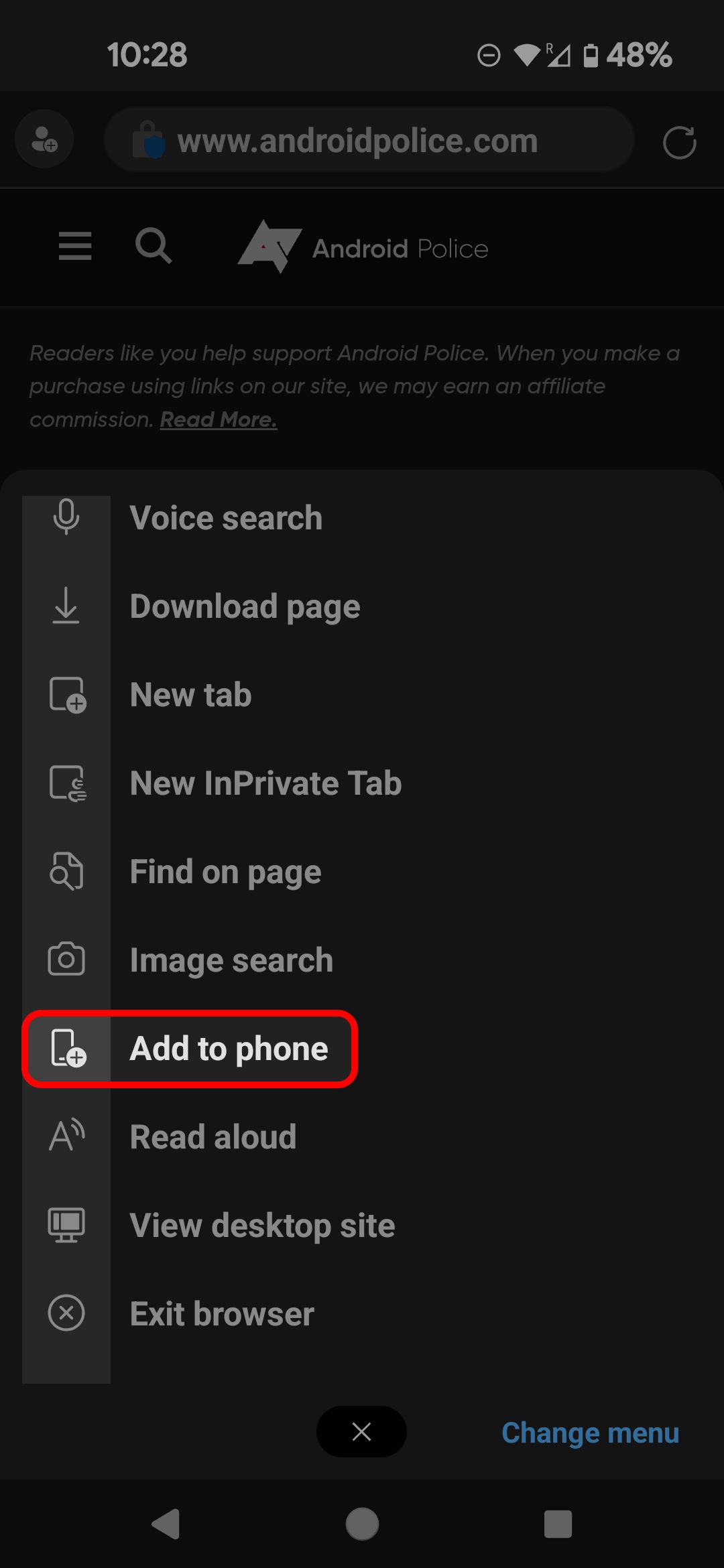 Microsoft Edge mobile more options menu highlighting the Add to phone option