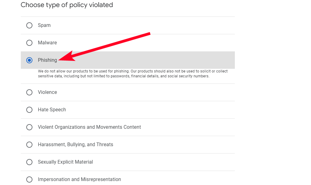 Reporting phishing on Google Docs site