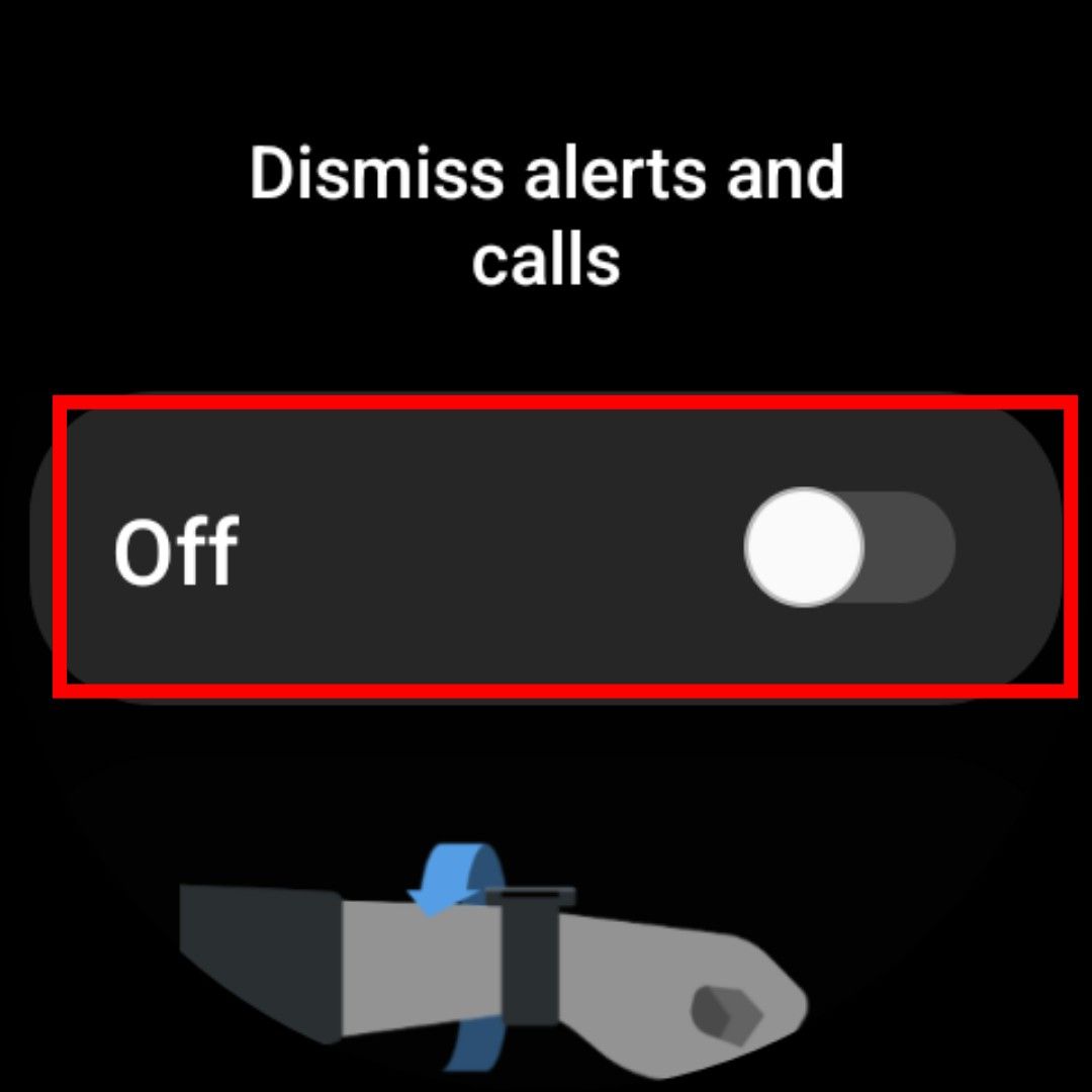 The Samsung Galaxy Watch 6's settings, with the Dismiss alerts and calls toggle highlighted.