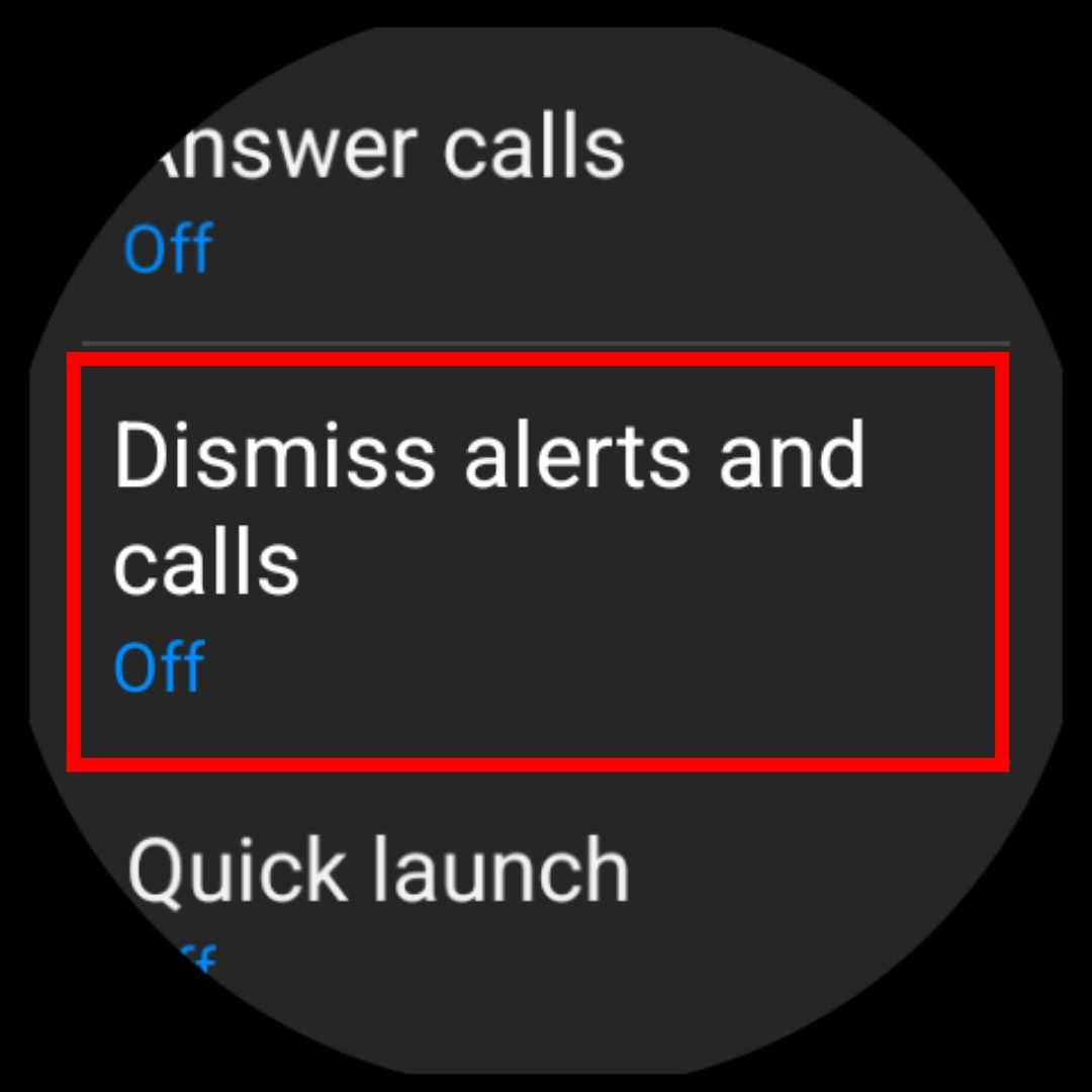 The Samsung Galaxy Watch 6's settings, with the Dismiss alerts and calls option highlighted.