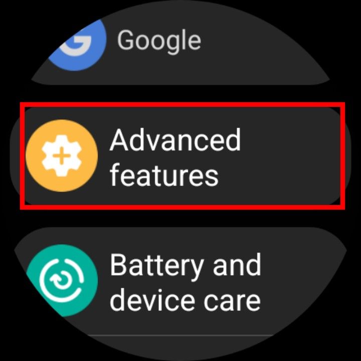 The Samsung Galaxy Watch 6's settings with the Advanced features option highlighted.