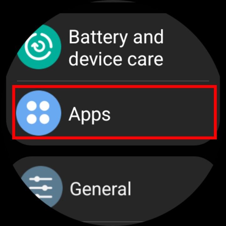 The Samsung Galaxy Watch 6's settings with the Apps option highlighted.