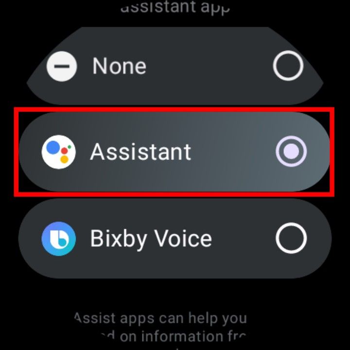 The Samsung Galaxy Watch 6's settings with the Google Assistant option highlighted in the Assistant app section.