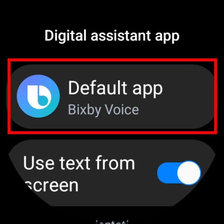 The Samsung Galaxy Watch 6's settings with the Default option for Digital assistant app highlighted.