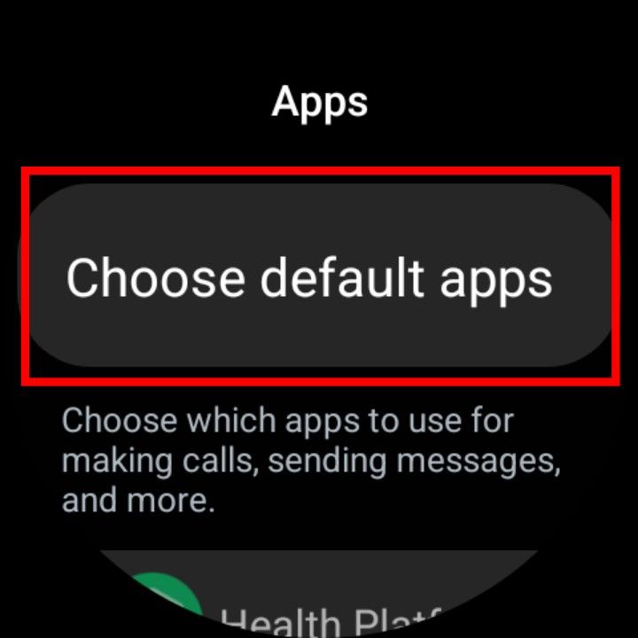 The Samsung Galaxy Watch 6's settings with the Choose default apps option highlighted.