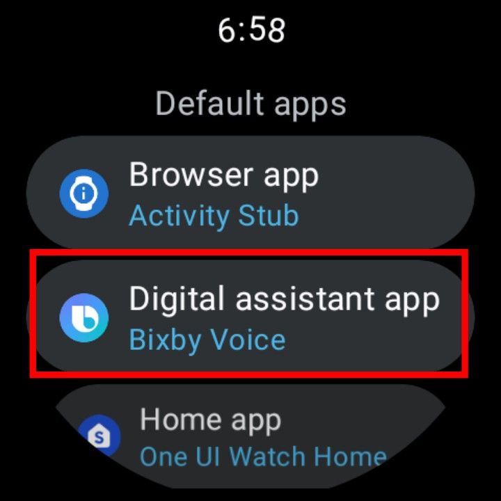 The Samsung Galaxy Watch 6's settings with the Digital assistant app option highlighted.