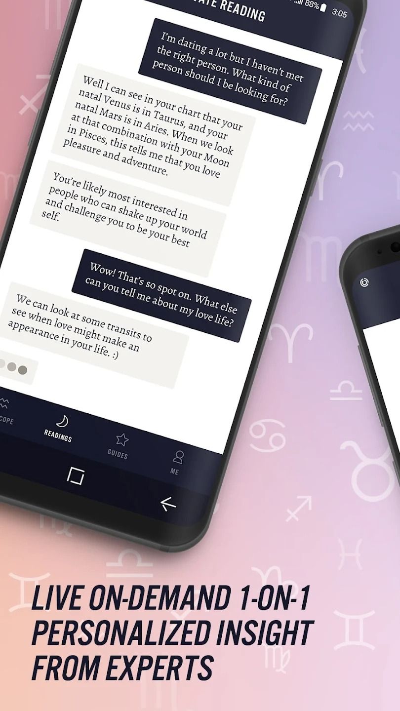 phone displaying text conversation superimposed on blue and peach gradient background