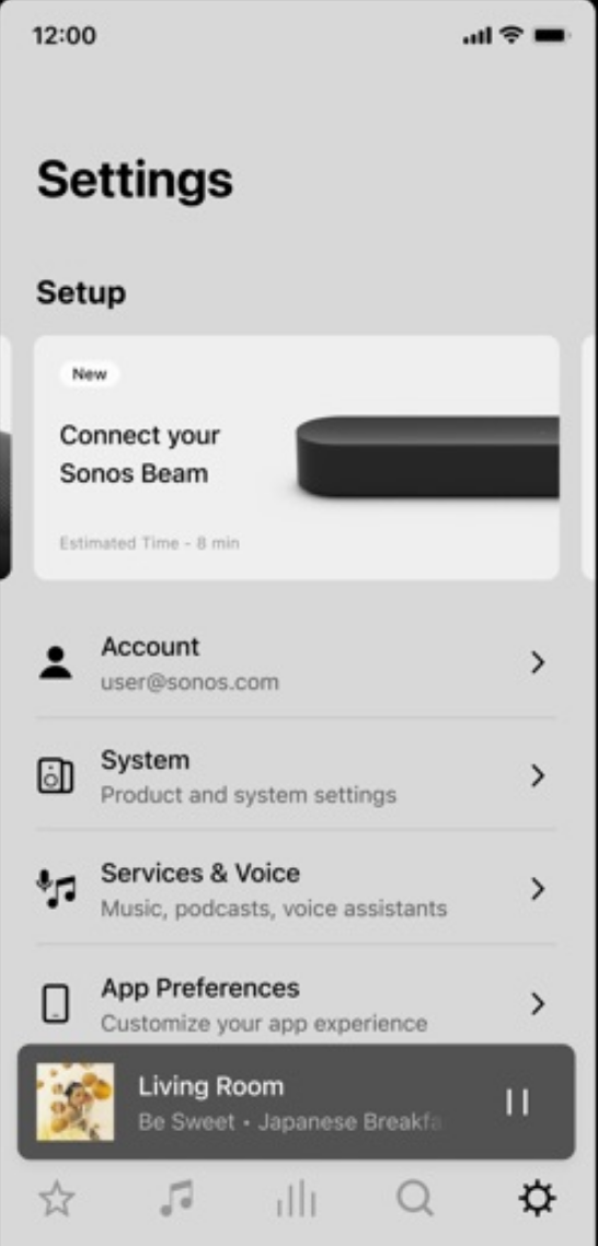 Sonos app home page with new speaker shown.