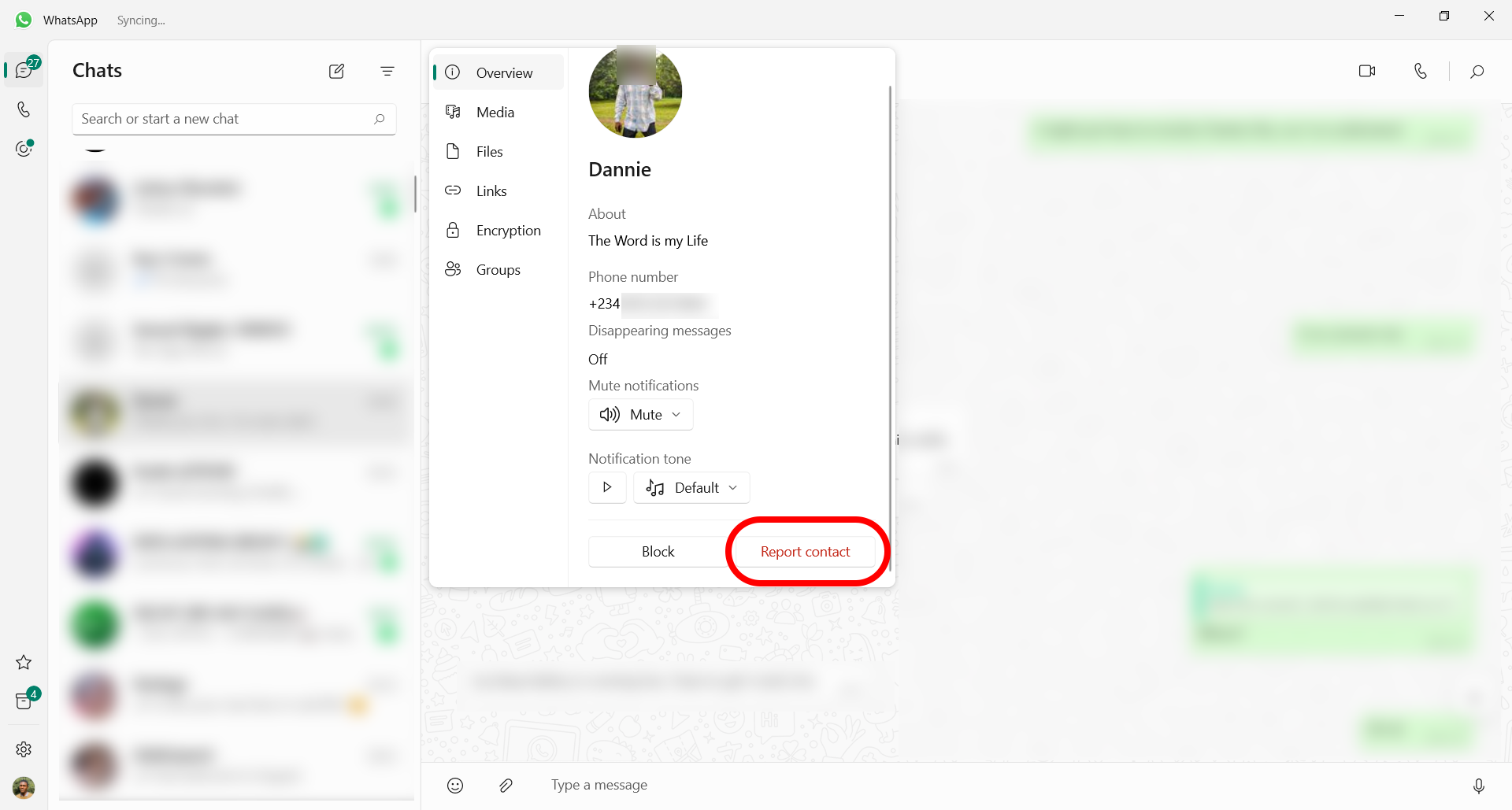 Reporting a contact from the overview menu in WhatsApp desktop
