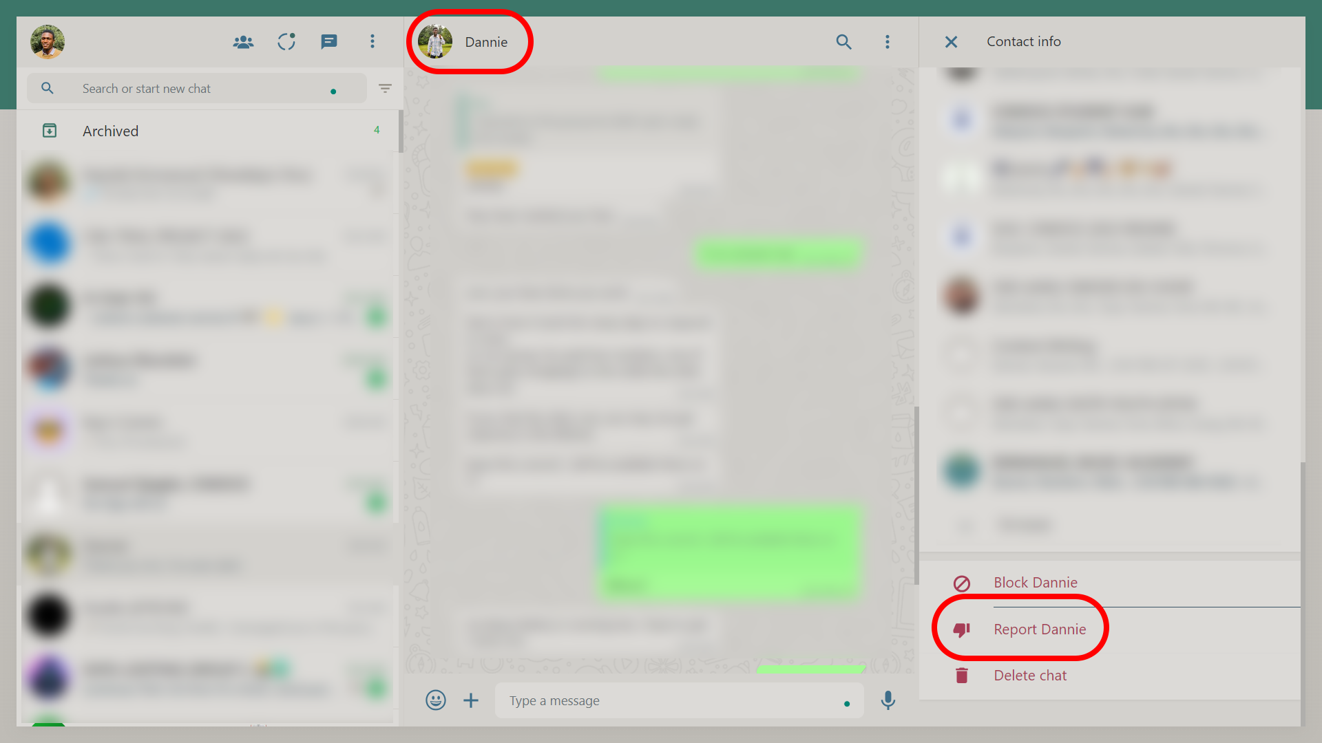 Reporting a contact in WhatsApp web