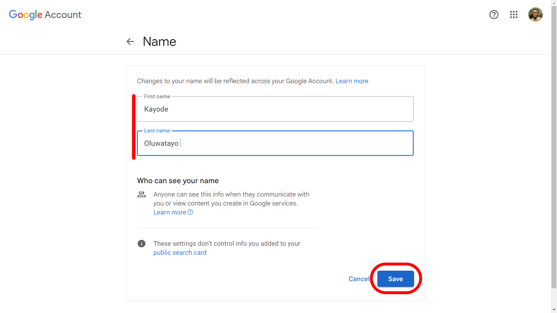 Modifying and saving new Google account name