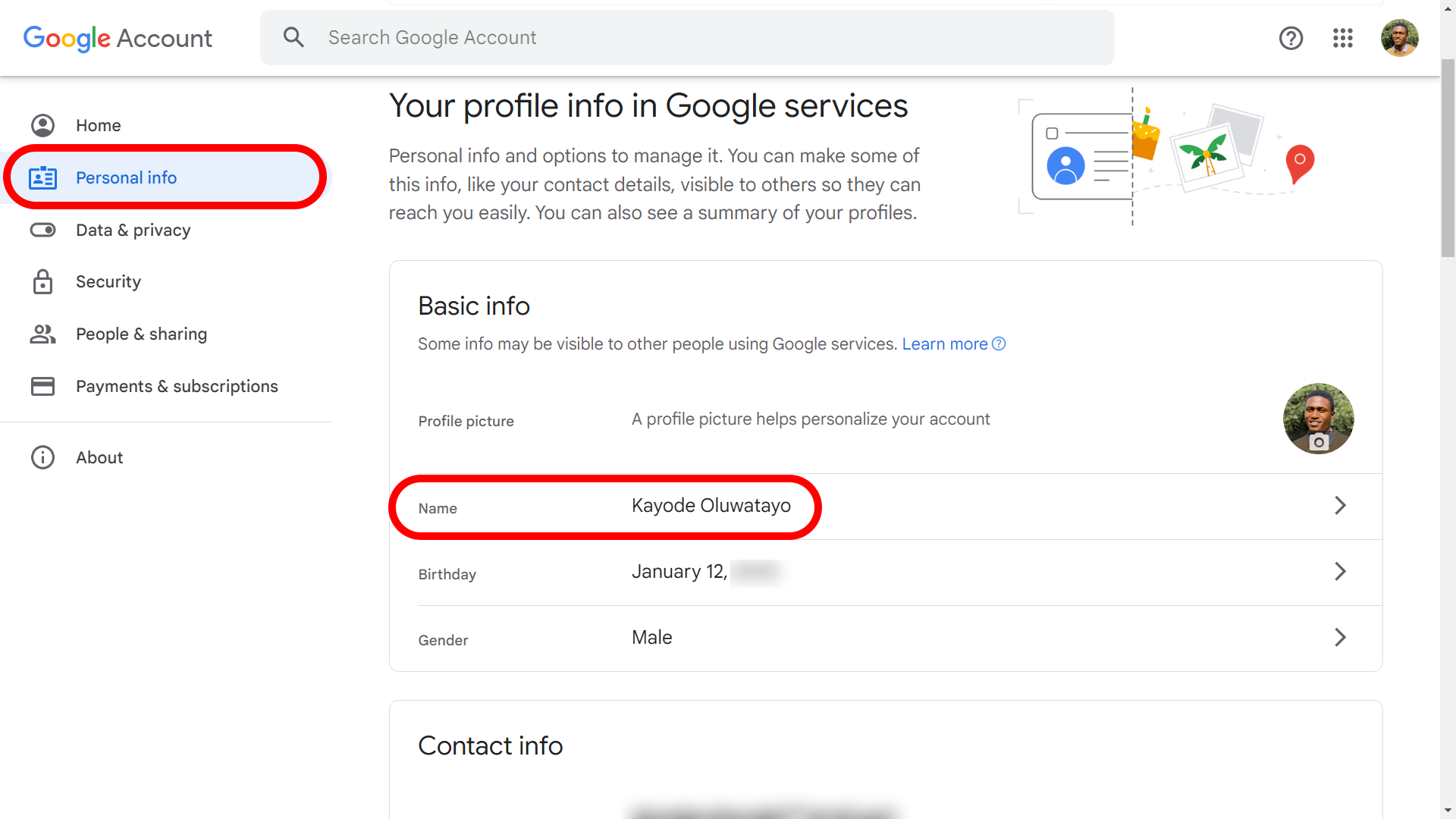 Google account settings page highlighting where to edit your display name