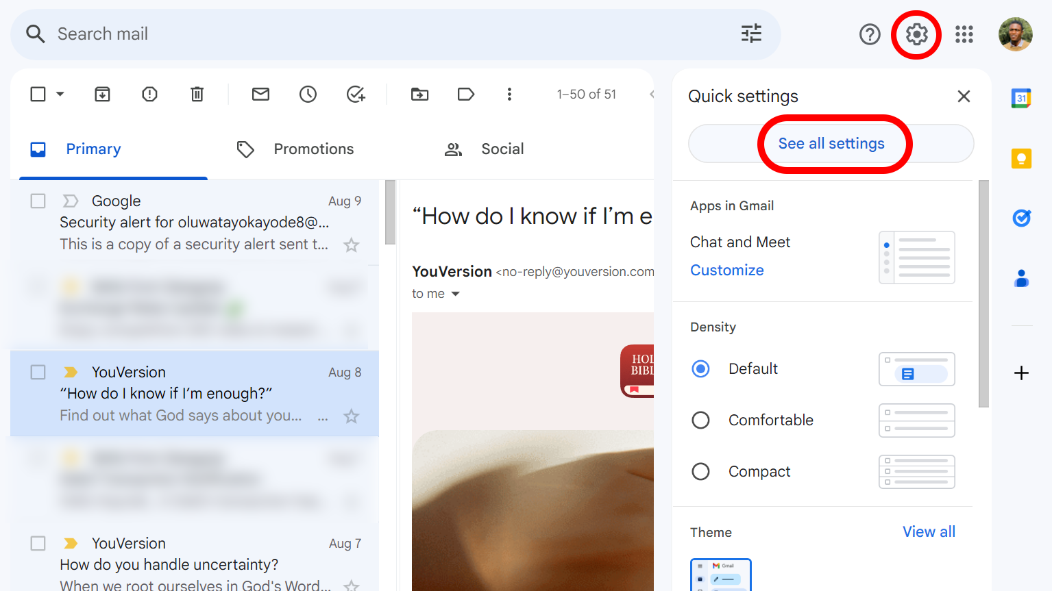 Opening Gmail settings interface. 