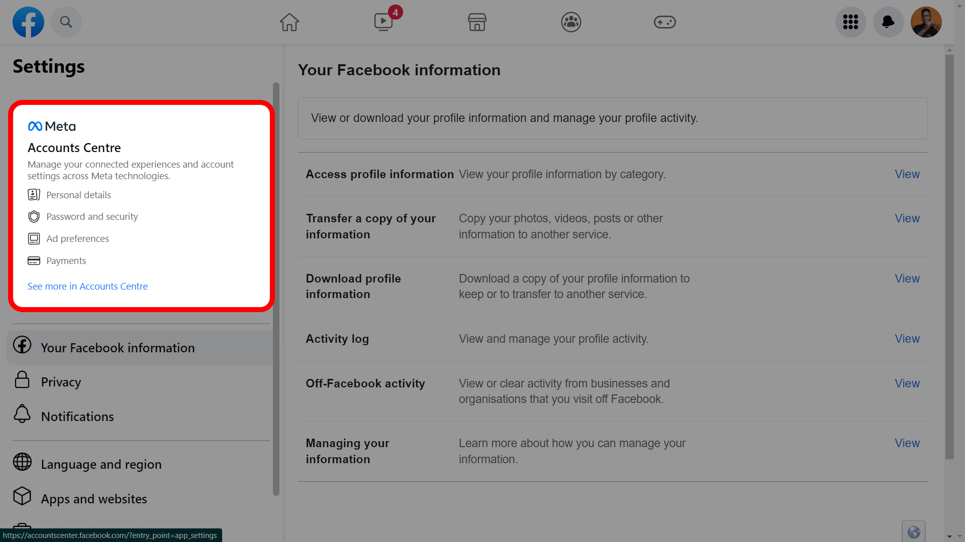 The Facebook Settings page highlighting the Meta Accounts Center