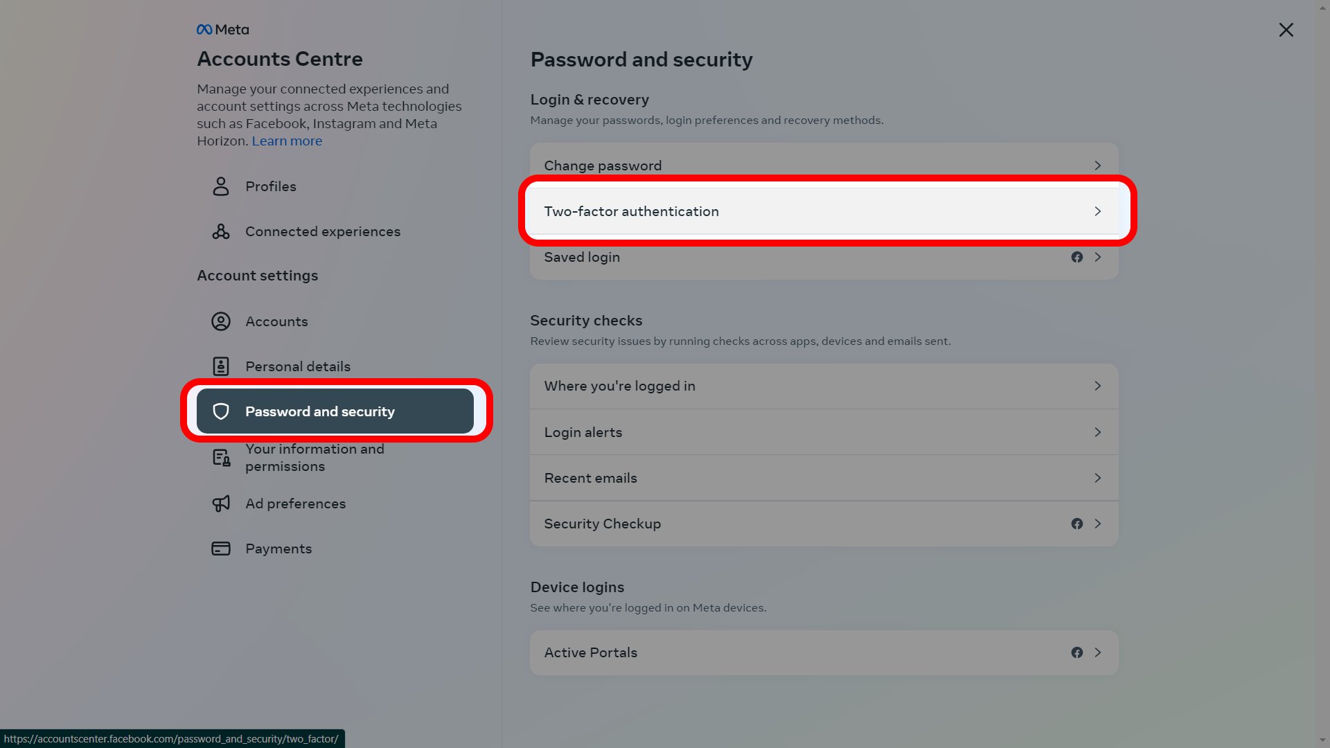 The Facebook Password and security page highlighting the Two-factor authentication option