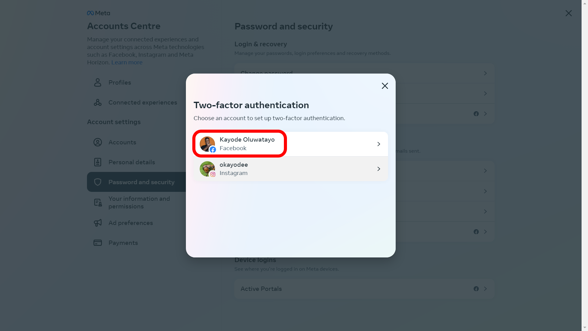 The Two-factor authentication dialog box highlighting a user account