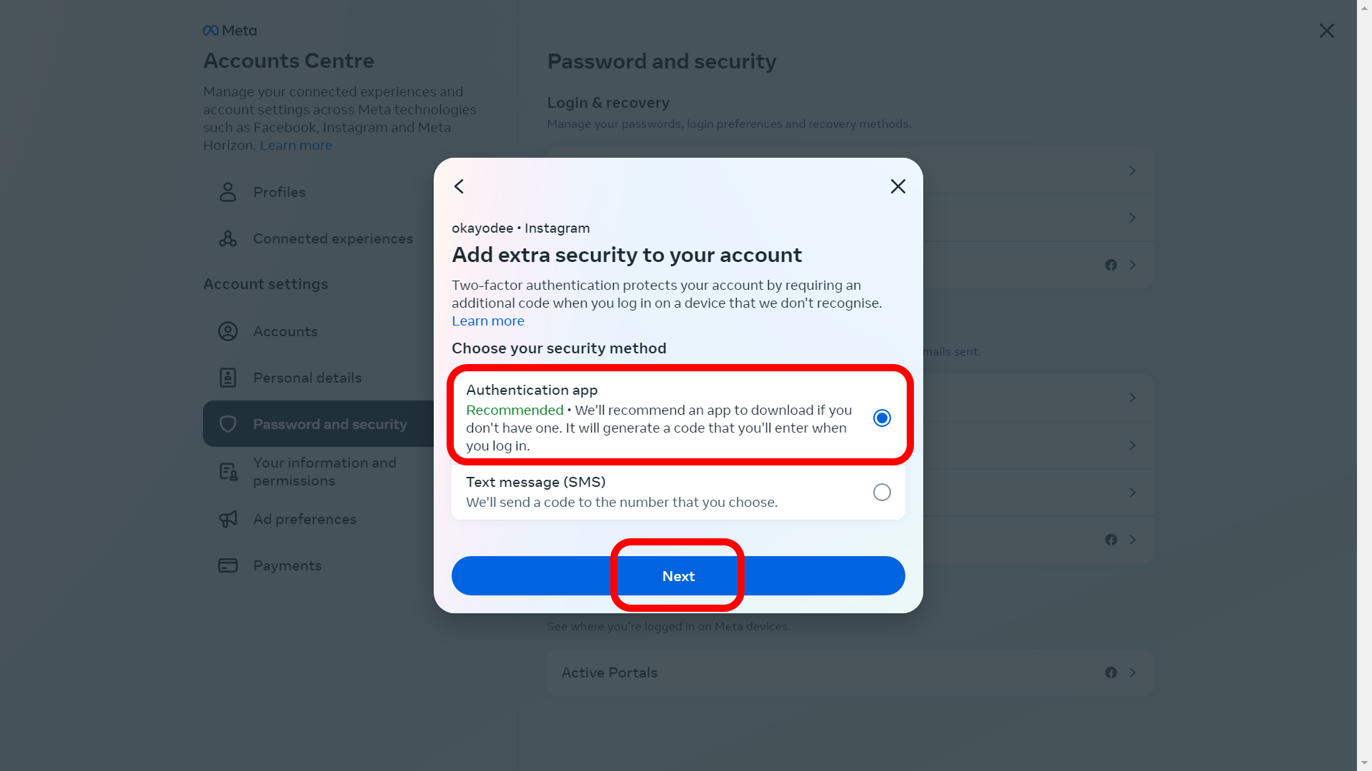 The Add extra security to your account dialog box highlighting the Next button