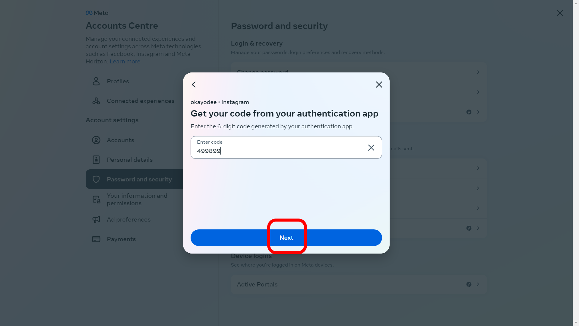 The Get. your code from your authentication app highlighting the Next button